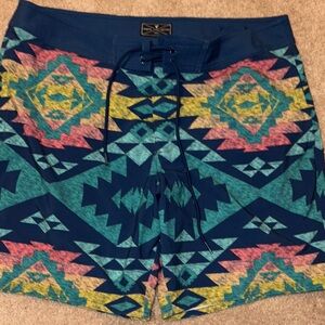 American Eagle Outfitters Blue and Yellow Swim Trunks Geometric Design